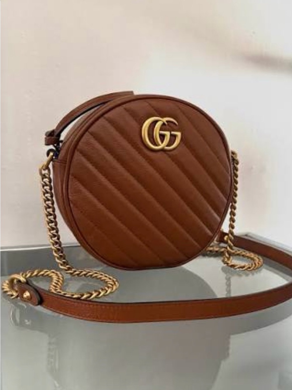Gucci Brown Quilted Round Crossbody with Gold GG